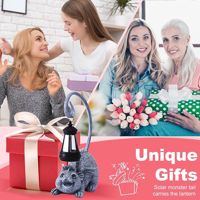 Baby Dragon Statue with Solar Lantern - Dragon Garden Decor and Housewarming Gifts for Mom, Women - Outdoor Dragon Gifts for Yard-VerdiqueGarden