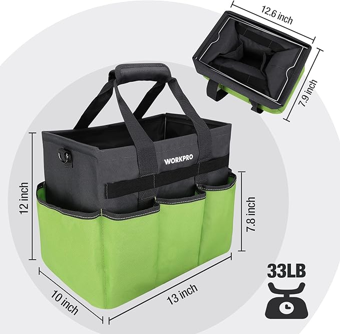 WORKPRO Garden Tool Bag Organizer, Heavy Duty Gardening Tote Bag with 10 Pockets and Long Adjustable Shoulder Strap, Standable Garden Home Tool Kits Organizer, Green-VerdiqueGarden