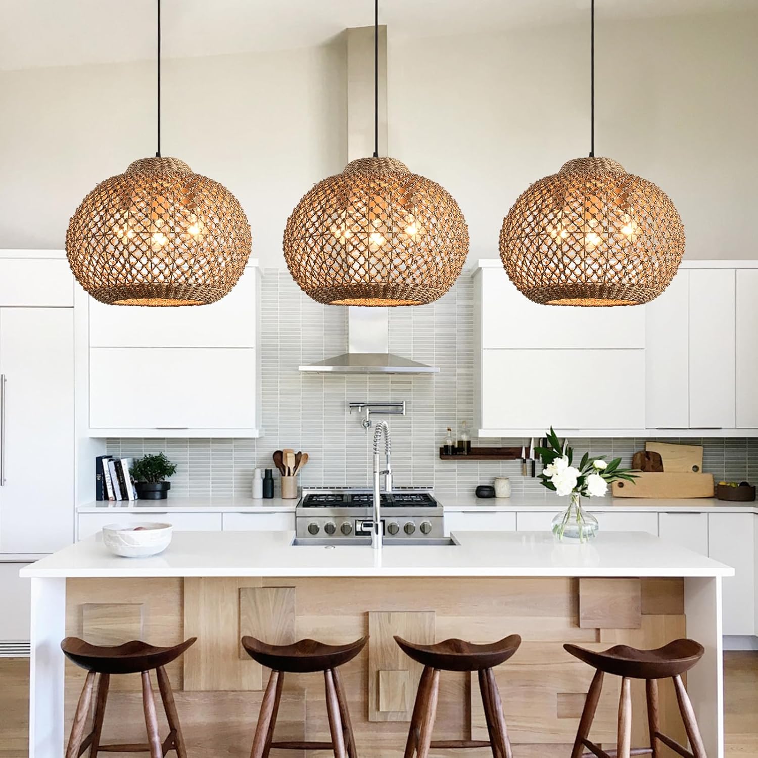16.94" Rattan Pendant Light,Boho Wicker Chandelier Woven Water Plants, of Kitchen Island Farmhouse Dining Room,Entryway Foyer-VerdiqueGarden