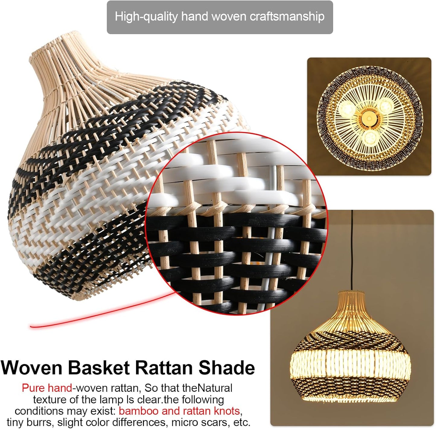 3-Light Rattan Pendant Light,Hand-Woven Black White Faux Rattan Hanging Light 15" Boho Basket Wicker Chandelier,for Living Room Bedroom Kitchen Dining Hallway 1-Pack-VerdiqueGarden