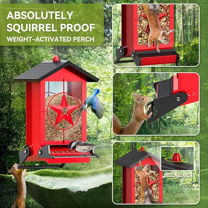 Squirrel Proof Bird Feeder for Outdoors Hanging, Metal Wild Bird Seed Feeder with Bilateral Weight-Activated Perches, 5LB Large Capacity Wild Bird Feeders for Outside Finch, Cardinal, Blue Jay-VerdiqueGarden
