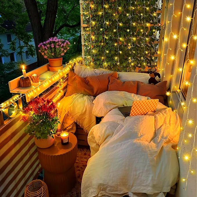 KNONEW Christmas String Lights Indoor Plug in,50FT 150LED Outdoor Waterproof Fairy Lights,8 Lighting Modes,Timer Memory Function for Bedroom Patio Balcony Party (Warm White)-VerdiqueGarden