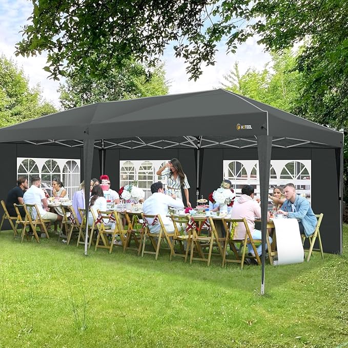 HOTEEL 10x20 Pop up Canopy with 6 Sidewalls, One Push Instant Setup Outdoor Canopy Tent with Reinforce Rod, Weight Bag, for Parties, Events, Gray-VerdiqueGarden