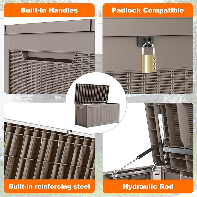 260 Gallon Resin Deck Box, Lockable Patio Outdoor Storage Box for Furniture, Garden Tools and Tools Storage, Waterproof Outside Storage Boxes - Grey-VerdiqueGarden