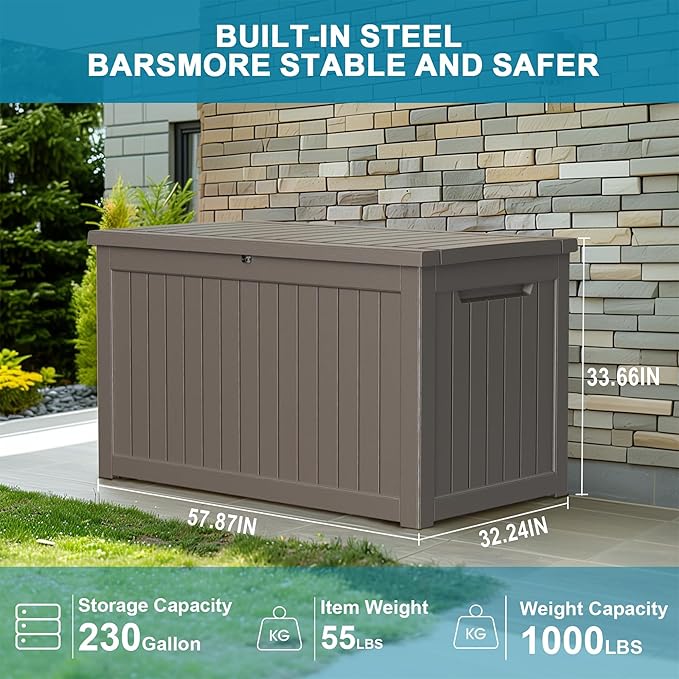 230 Gallon Resin Deck Box, Lockable Patio Outdoor Storage Box for Furniture, Garden Tools and Tools Storage, Waterproof Outside Storage Boxes - Grey-VerdiqueGarden