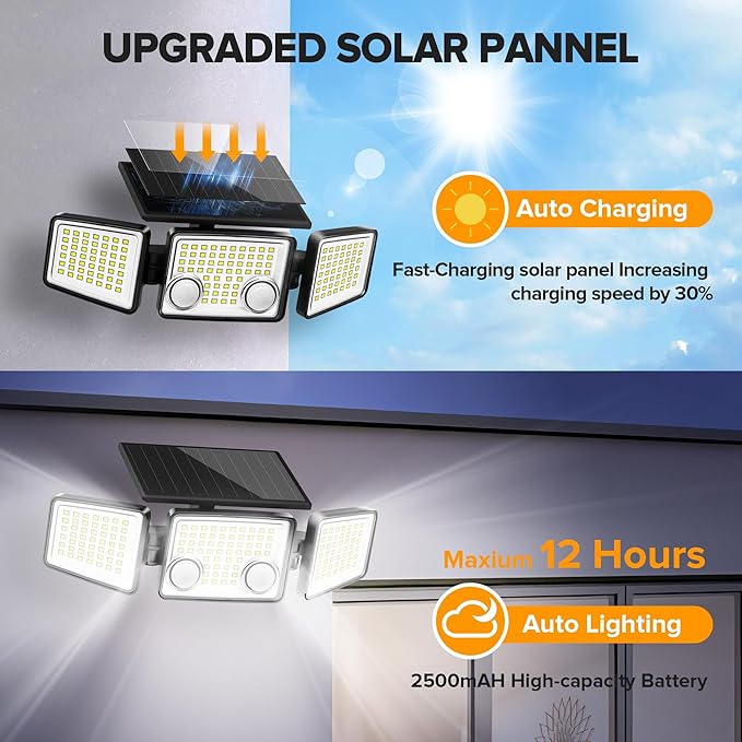 UME Solar Outdoor Lights 3000 Lumen 7000K, 152 LED Super Bright Motion Sensor Outdoor Lights with 2 Sensors, IP65 Waterproof 270 Wide Angle Solar Flood Lights with 3 Modes for Garden - 6 Pack-VerdiqueGarden