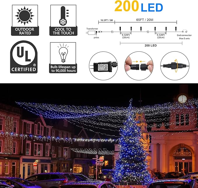 weillsnow Outdoor Christmas Decoration,66 FT 200 LED String Lights with Timer Memory Function,Plug in Waterproof Fairy Lights for Indoor Outdoor Home Room Garden Christmas Party Decor(Blue&White)-VerdiqueGarden