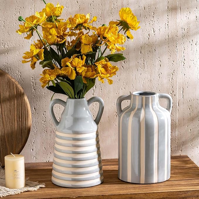 Ceramic Grey and White Checkered Stripes Vase with Handles, Hand-Painted Modern Minimalist Bohemian Floral Vases Home Decor, Cottage Core Decor, Flower Vase for Bouquet Mantle Kitchen Bookshelf 9.1 In-VerdiqueGarden