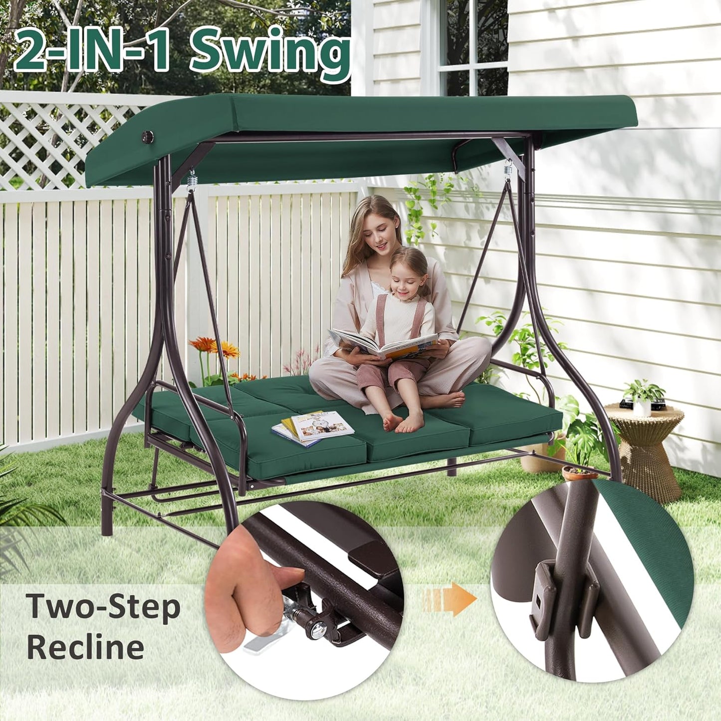 MCombo 3-Seat Outdoor Patio Swing Chair, 2-in-1 Convertible Porch Swing Glider Chair with Removable Cushions, Adjustable Canopy & Pillows for Backyard, Deck, Garden, 4068 (Green)-VerdiqueGarden