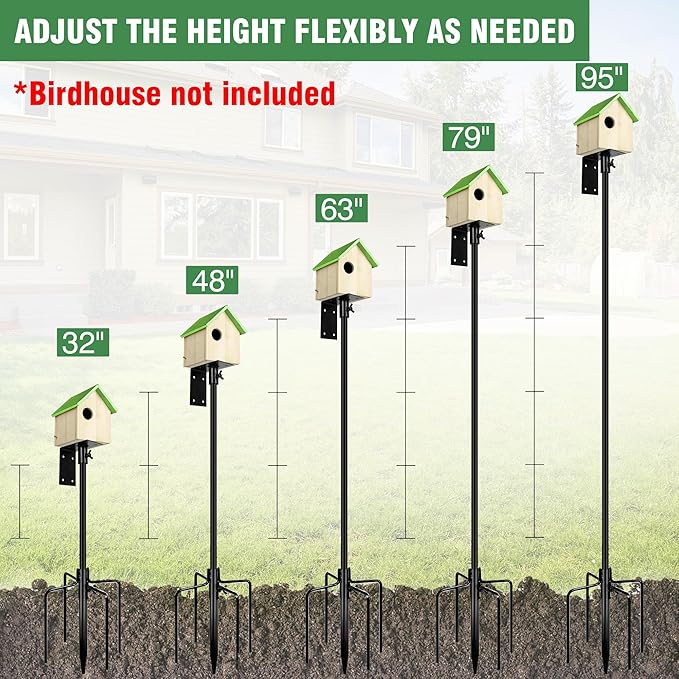 Bird House Pole, 95 Inch Heavy Duty Bird Feeder Pole Mount Kit for Outdoors, Adjustable Bird Feeding Stand, with 2-Hooks, 5-Prong Base for Birds Watching-VerdiqueGarden