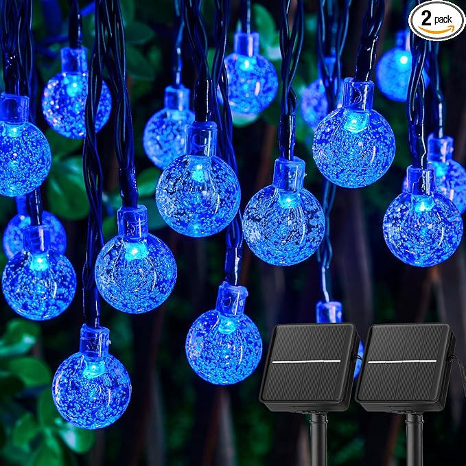Solar String Lights Outdoor Waterproof, 2 Pack 60 LED 36.5 FT Each, 8 Lighting Modes Solar Powered Patio Lights for Garden Yard Porch Wedding Party Decor (Blue)-VerdiqueGarden