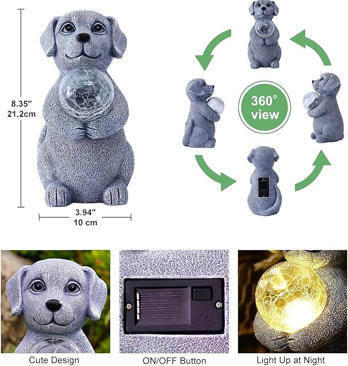 Solar Dog Garden Statues - 8.4 "Dog Decor with Gazing Ball Solar LED Lights, Unique Gifts for Mom Grandma Birthdays, Outdoor Decor for Outside Lawn Porch Patio (Gray)-VerdiqueGarden