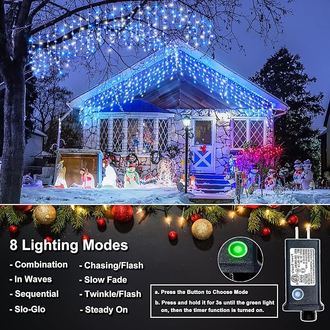 Icicle Lights for Outside, 33FT 400 LED Christmas Lights Outdoor with Waterproof 8 Modes, Plug in Connectable String Twinkle Light for Indoor Home Roof Window Garden Wedding Decorations, Blue White-VerdiqueGarden