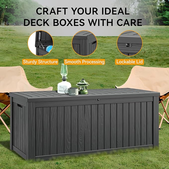 NUNU LAB 180 Gallon Outdoor Storage Box,Large Resin Sturdy Deck Box, Backyard Outside Storage Box Waterproof with Double Wall Panels,Package Delivery Garden Hose Storage Bin Outdoor Tool-VerdiqueGarden
