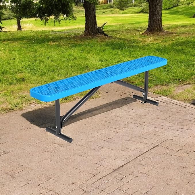 48" L Outdoor Steel Flat Bench, Heavy Duty Metal Park Bench for Outside, Expanded Metal, Commercial Benches Mesh Bench for Shopping Mall, Store, Lawn, Park, Patio, Deck, Garden (Blue, 6FT)-VerdiqueGarden
