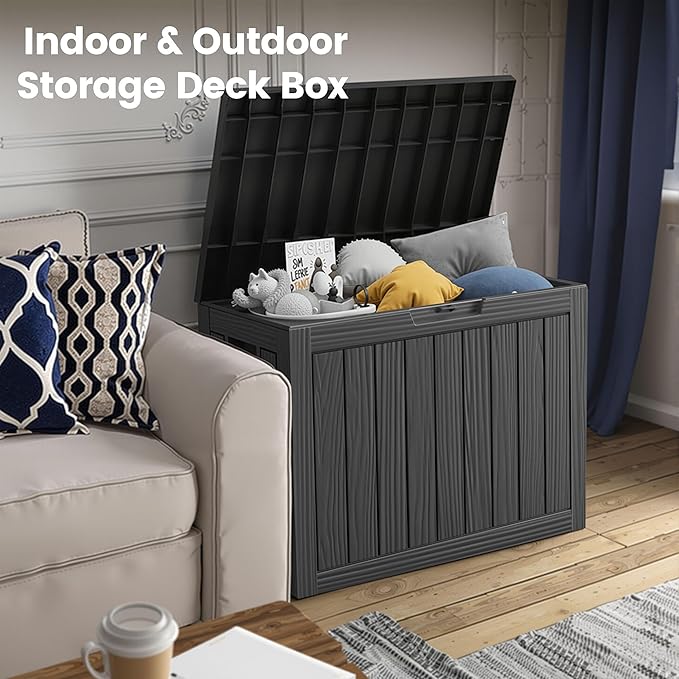 45 Outdoor Storage Box, Waterproof Resin Deck Box with Side Handles, Lockable Outdoor Bench for Indoor & Outdoor Use, Storage Bin for Patio Cushions, Garden Tools, Package Delivery, Black-VerdiqueGarden