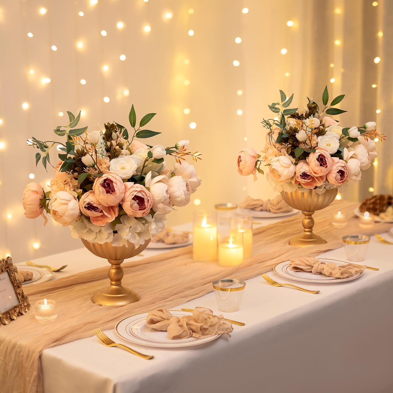 Sziqiqi Urn Vase for Wedding Centrepiece: 7.9in Gold Compote Bowl Vase Table Decorations - Floral Arrangement Pots Set of 10 - Metal Decorative Vases for Party Reception Dinner Table-VerdiqueGarden