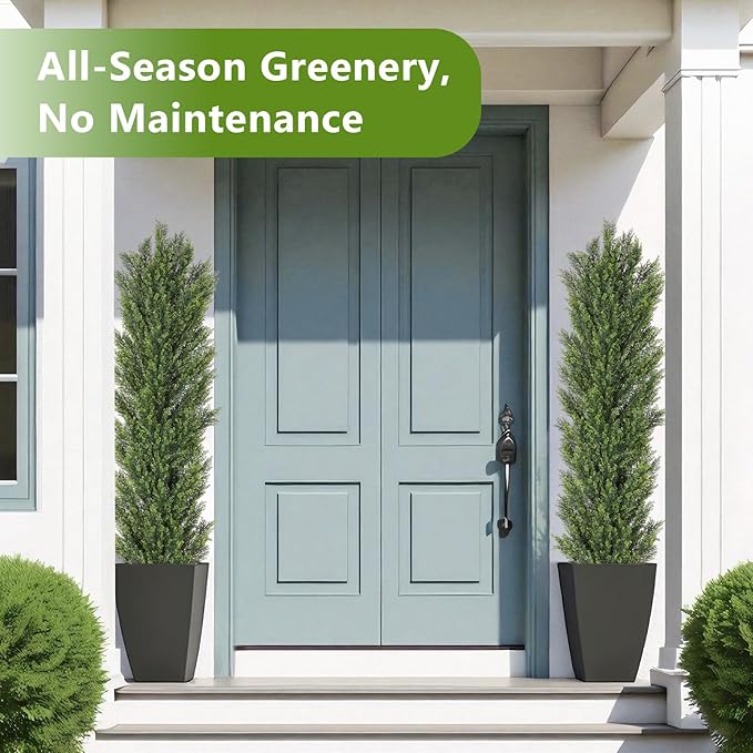 THE BLOOM TIMES 6ft Tall Topiary Trees Artificial Outdoor – UV Resistant Faux Cedar Pine Cypress Bushes and Shrubs, Fake Potted Plants for Front Porch Outside Planter Patio Decor, Set of 2 (6 Foot)-VerdiqueGarden