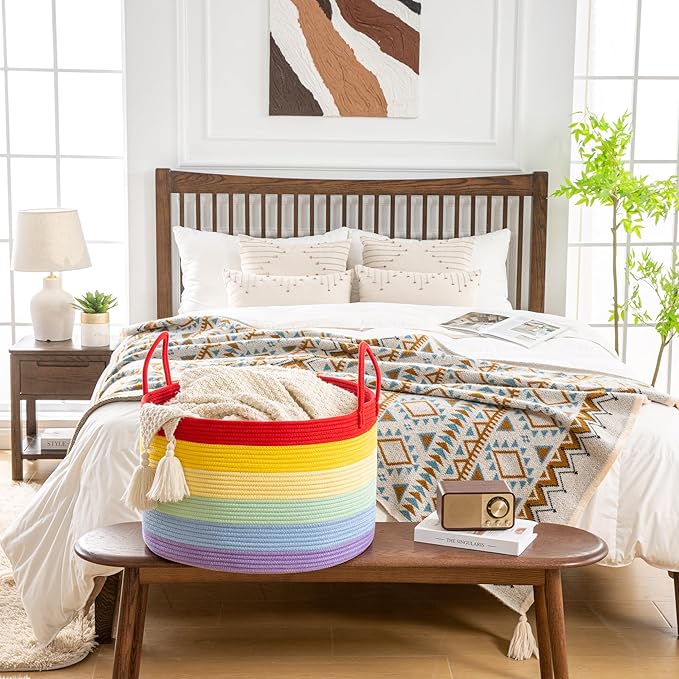 KAKAMAY Large Blanket Basket (20"x13"),Woven Baskets for storage Baby Laundry Hamper, Cotton Rope Blanket Basket for Living Room, Laundry, Nursery, Pillows, Baby Toy chest (Rainbow)-VerdiqueGarden