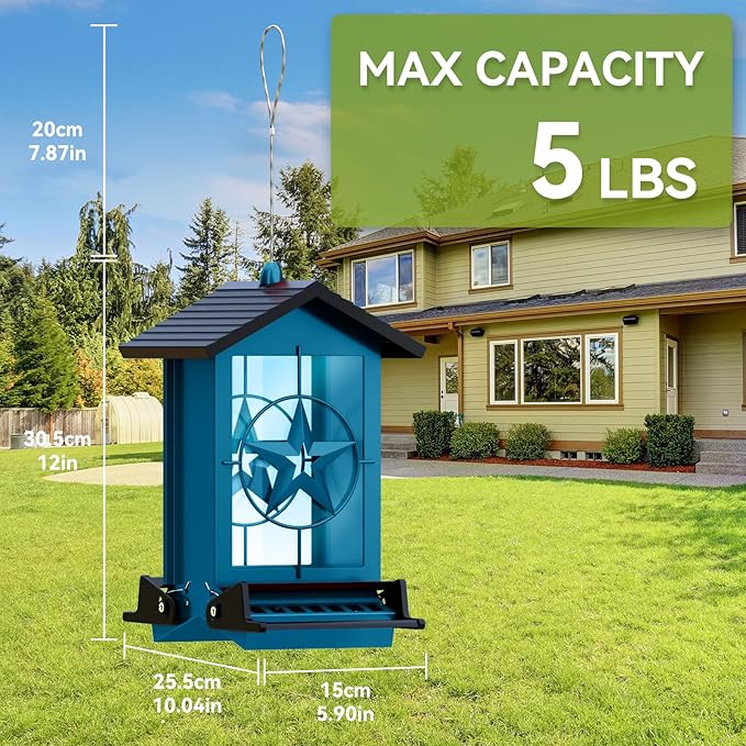 Squirrel Proof Bird Feeder for Outdoors Hanging, Metal Wild Bird Seed Feeder with Bilateral Weight-Activated Perches, 5LB Large Capacity Wild Bird Feeders for Outside Finch, Cardinal, Blue Jay-VerdiqueGarden