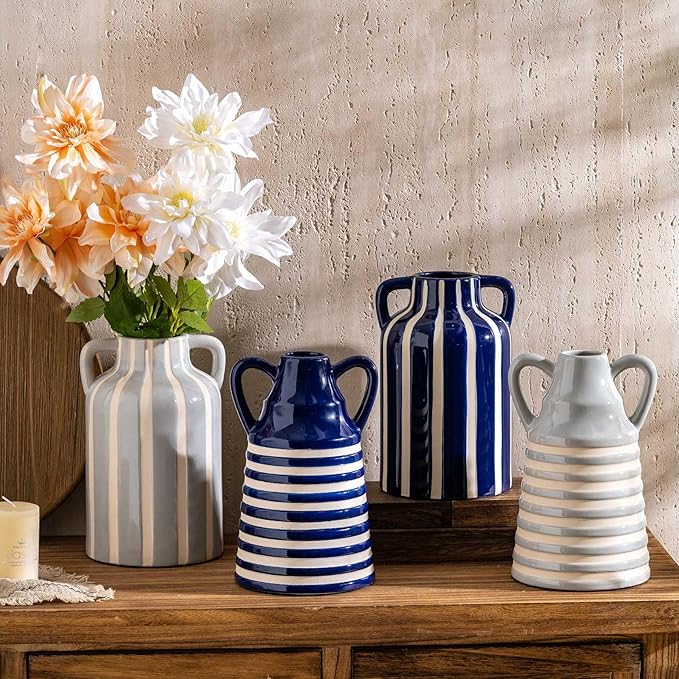 Ceramic Grey and White Checkered Stripes Vase with Handles, Hand-Painted Modern Minimalist Bohemian Floral Vases Home Decor, Cottage Core Decor, Flower Vase for Bouquet Mantle Kitchen Bookshelf 9.1 In-VerdiqueGarden