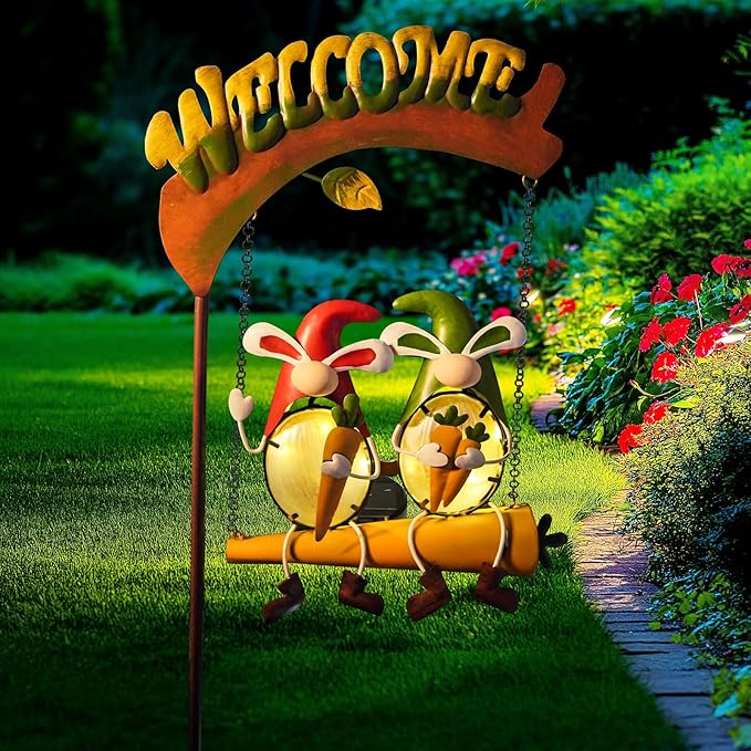 HONGLAND Solar Lights Outdoor Decor, Rabbit Swing Garden Decor, Funny Gardening Gifts for Women Mom, Gnomes Outdoor Decorations with Welcome Sign for Front Porch Patio-VerdiqueGarden