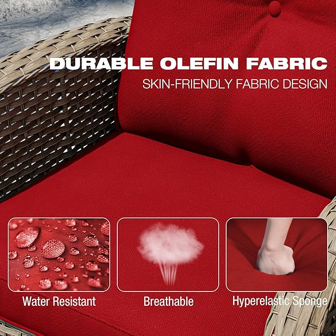 Joyside Outdoor Swivel Rocker Chairs, 3 Piece Wicker Patio Set with Thick Cushion and Side Table, Rattan Patio Swivel Rocking Chairs for Porch, Deck Use (Natural/Red, 3 PCS)-VerdiqueGarden