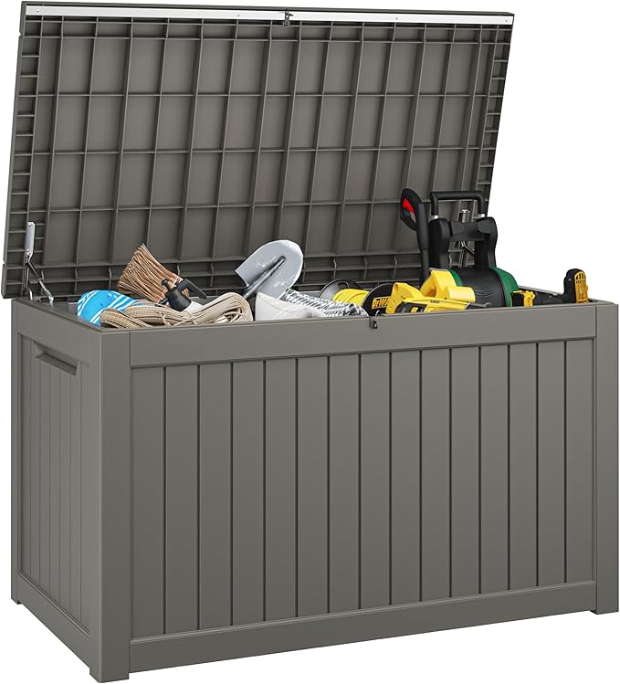 KAMABOKO 230 Gallon Outdoor Storage Box, Resin Deck Boxes Indoor and outdoor, Waterproof Storage Box Lockable Lid for Garden Tools, Package Delivery, Patio Cushions, Grey-VerdiqueGarden