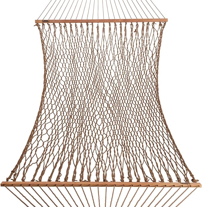 Hatteras Hammocks Deluxe Antique Brown DuraCord Rope Hammock – 13 ft. x 60 in., 2-Person, 450 lb Capacity, Cumaru Spreader Bar, Zinc-Plated Hardware – Handcrafted in The USA-VerdiqueGarden