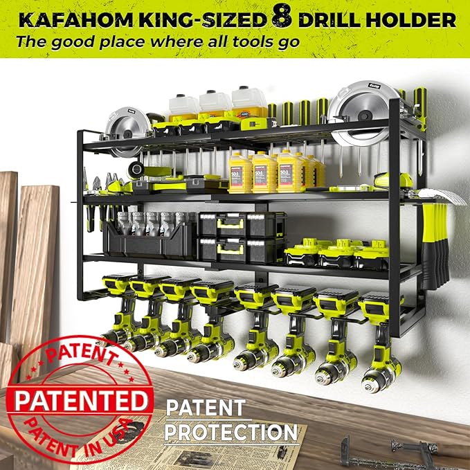 KAFAHOM Power Tool Organizer-8 Drill Holder Wall Mount,4 Layer Heavy Duty Metal Power Tool Storage Rack,Garage Tool Organizer and Storage with Screwdriver Holder/Plier Holder/Hammer Holder-VerdiqueGarden