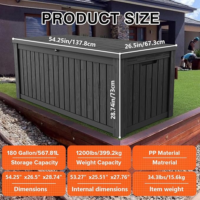180 Gallon Lockable Resin Deck Box, Waterproof & UV-Resistant Outdoor Storage Box for Outdoor Cushion Storage, Garden Tools & Pool Accessories Storage, Black-VerdiqueGarden