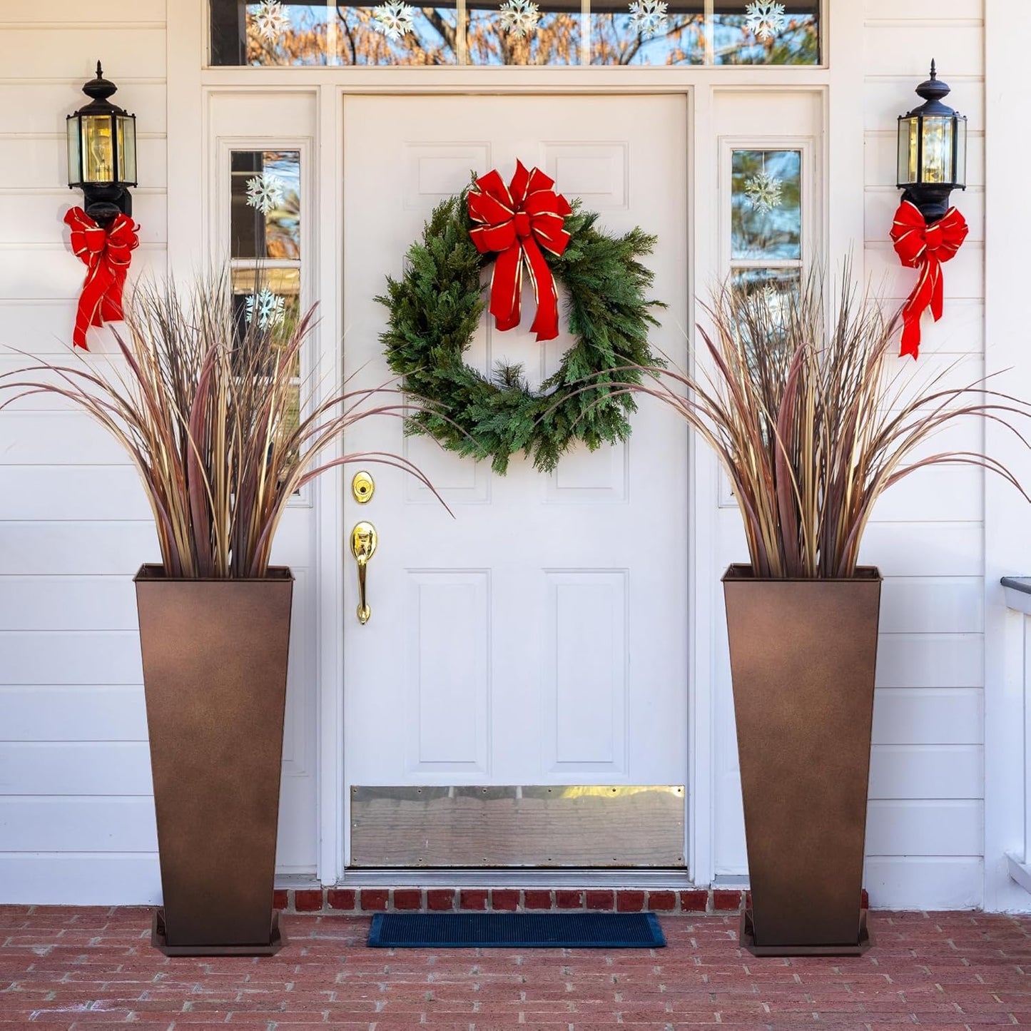 KOL 28''H. Tall Metal Planter with Insert, Set of 2, Galvanized Steel Planter Pots for Indoor & Outdoor Use, Decorative Flower Plant Pots for Front Porch, Patio, Deck - Rust Color-VerdiqueGarden