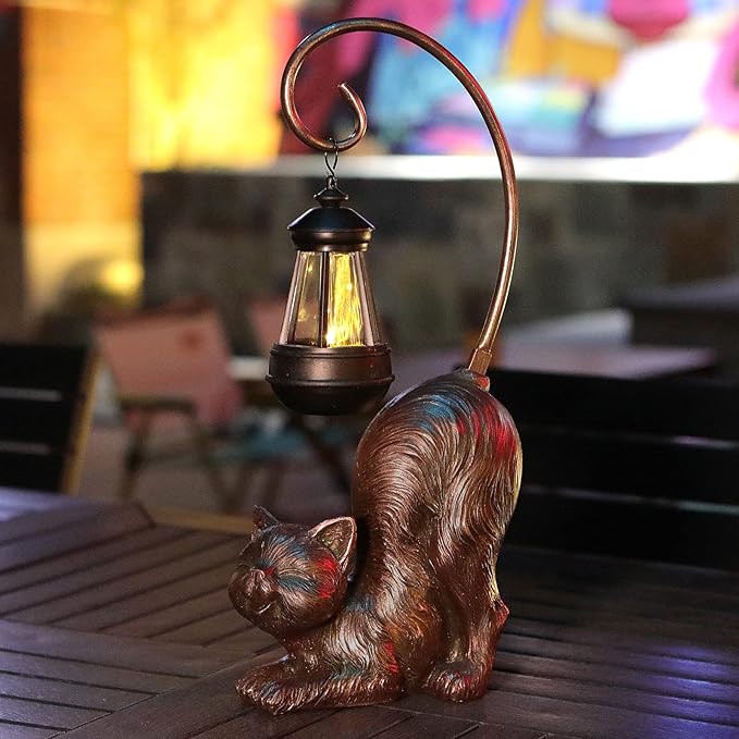 Laughing Cat Figurine with Solar-Powered LED Light, 15.7 Inches Tall Antique Bronze, Perfect for Gift Garden Decor or Housewarming for Cat Lovers.-VerdiqueGarden