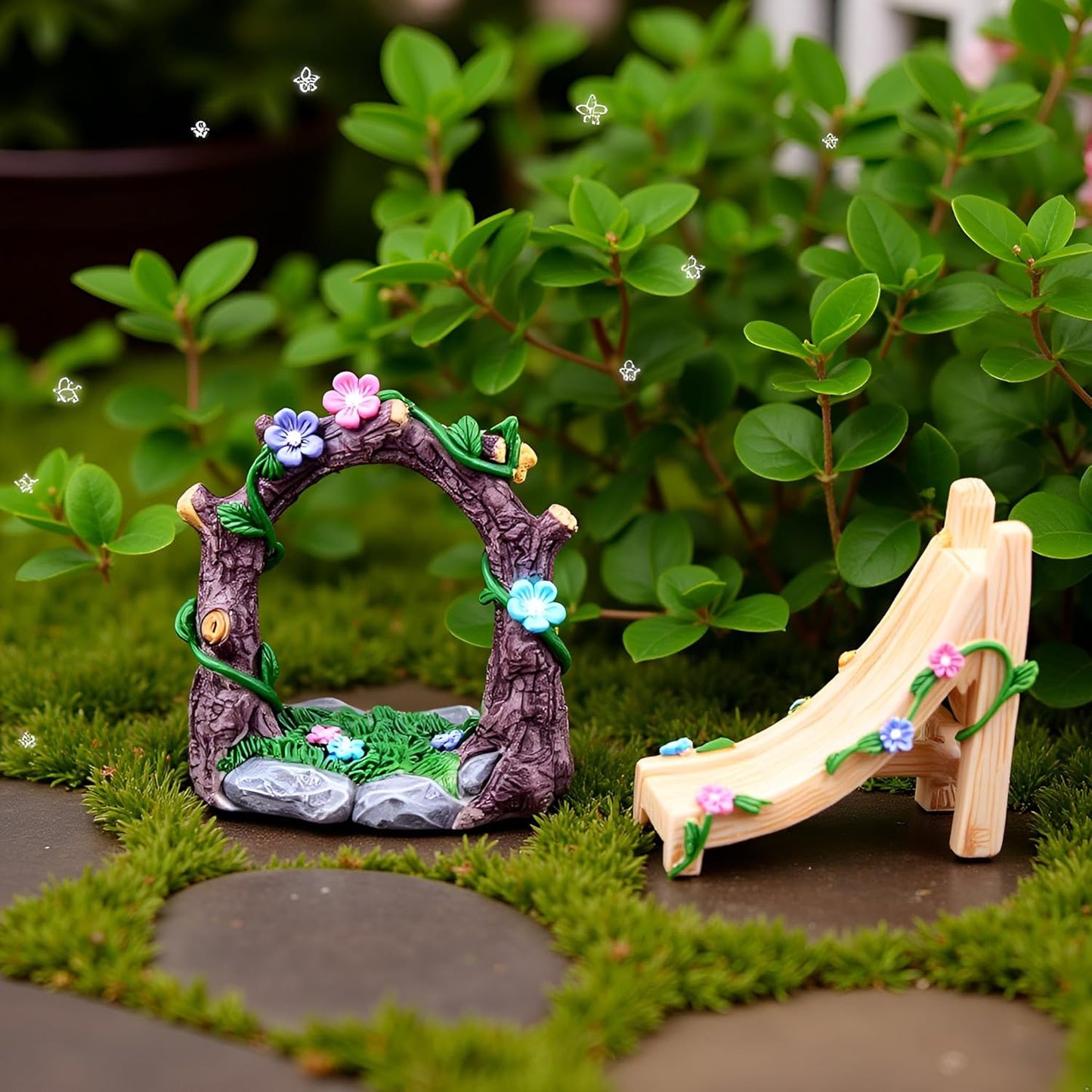 Kai Dream Miniature Fairy Garden Accessories Set, 2 Piece Resin Decorative Landscape Kit with Arch and Slide, Floral Garden Ornaments-VerdiqueGarden