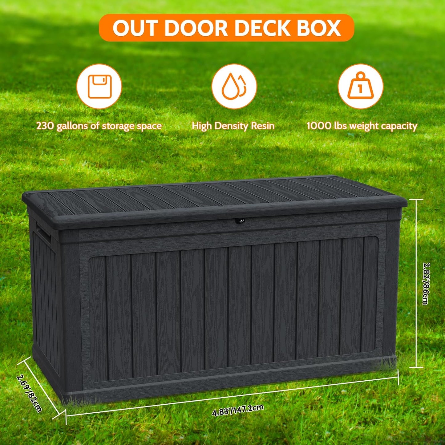 260 Gallon Double-Wall Resin Deck Box - Lockable Waterproof Outdoor Storage Box, 1000lbs Capacity & Doubles as Seating for Patio Furniture - Garden Tools, Pool Accessories (Black)-VerdiqueGarden