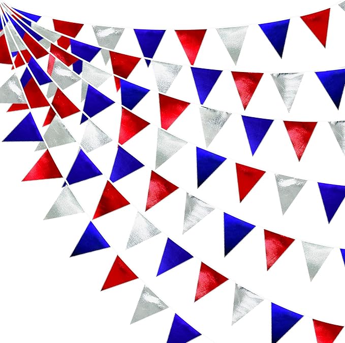 Red Blue Silver Party Decorations Metallic Fabric Triangle Pennant Banner Flag Bunting Garland for Graduations 4th of July American USA National Day Patriotic Veterans Birthday Outdoor Party Supplies-VerdiqueGarden