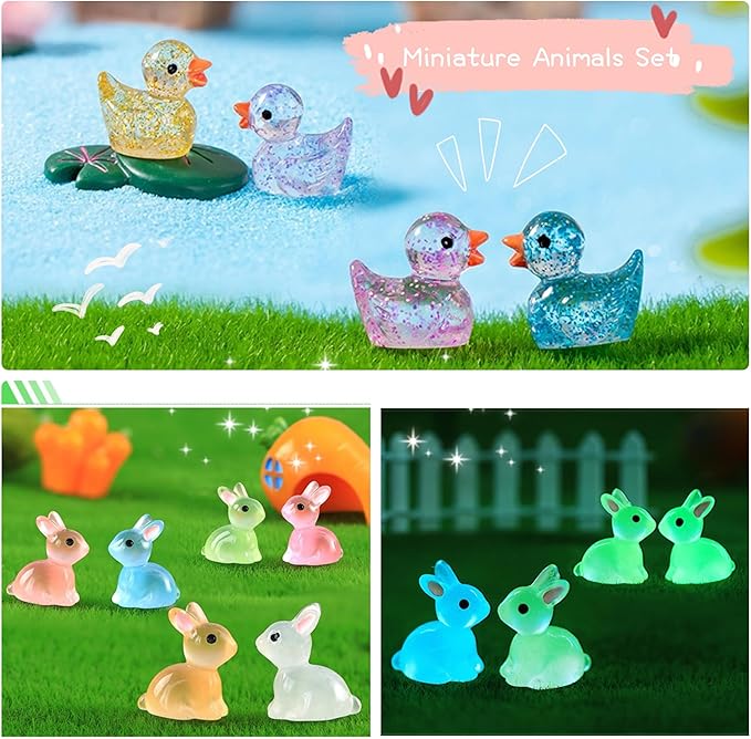 122Pcs Luminous Mini Resin Animal Figurines Glow in The Dark Cute Rabbits Frogs Mushrooms Glitter Ducks 4 Combination Miniature Figurines Set for Office Garden Decoration Aquarium Home Party Decor-VerdiqueGarden