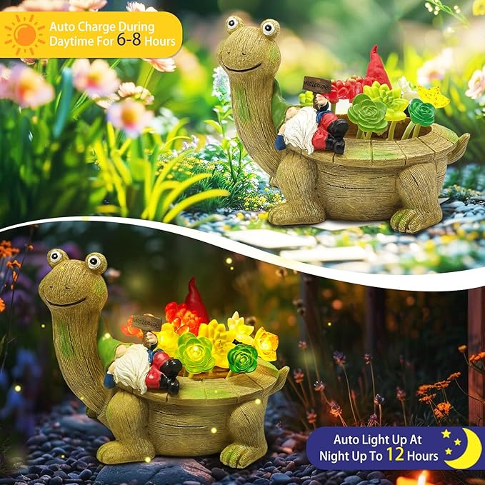 Solar Garden Statues, Turtle Garden Decor Outdoor Solar Lights, Mom Gifts for Mothers Day Grandma Wife Daughter, Cute Tortoise Figurine Yard Decorations Outdoor for Patio, Balcony, Lawn Ornament-VerdiqueGarden