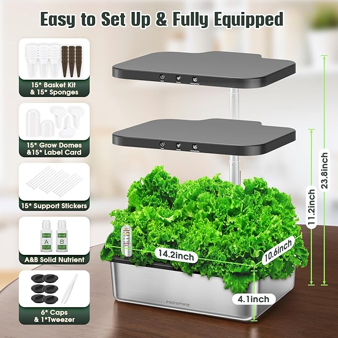 Hydroponics Growing System Indoor Garden - Herb Garden with Grow Light, 15 Pods Stainless Steel Indoor Garden Kit, Auto Timer, Gardening Gift for All Ages-VerdiqueGarden
