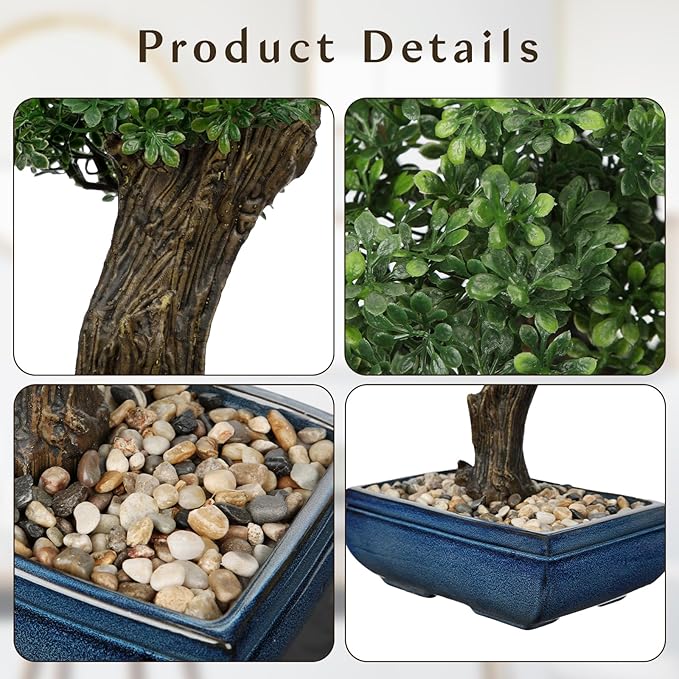 Artificial Bonsai Tree Juniper Faux Plants Indoor Fake Plants Decor with Blue Square Ceramic Pots for Home Table Office Desk Bathroom Shelf Bedroom Living Room Farmhouse Decorations-VerdiqueGarden