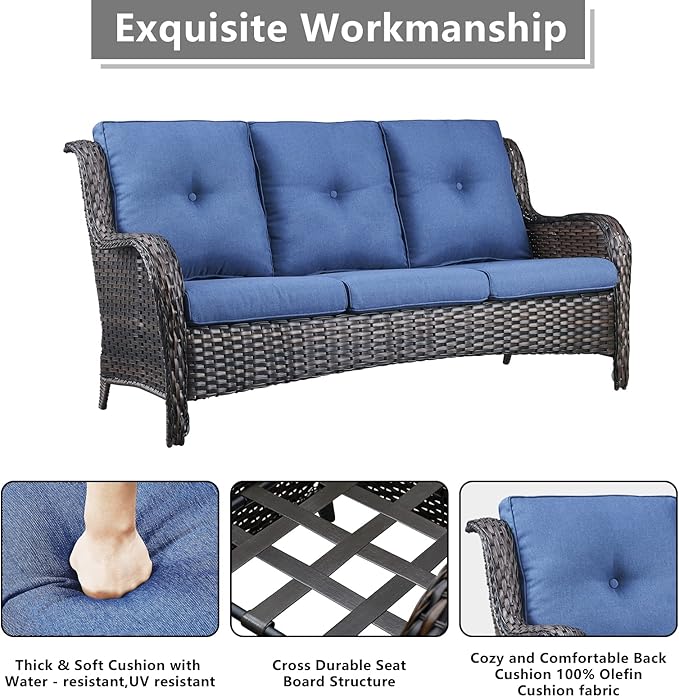 Outdoor Wicker Patio Furniture Set - 6 Piece Rattan Patio Conversation Set with 2 Rocking Swivel Chairs,2 Ottomans,1 Sofa and 1 Side Table for Porch Deck Backyard Garden(Brown/Blue)-VerdiqueGarden