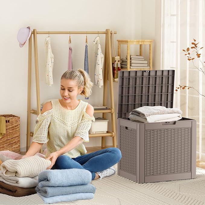 30 Gallon Resin Deck Box, Lockable Patio Outdoor Storage Box for Furniture, Garden Tools and Tools Storage, Waterproof Outside Storage Boxes - Grey-VerdiqueGarden