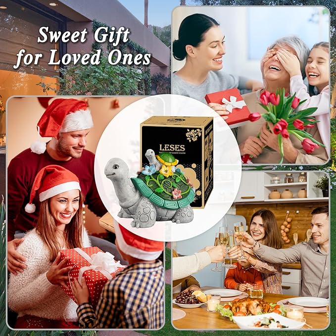 LESES Garden Statues, Turtle Solar Statue Garden Decor Clearance, Cute Turtle Figurines with Baby & 7 LED Solar Lights Lawn Decorations for Patio Yard Gifts for Mom Grandma Housewarming-VerdiqueGarden