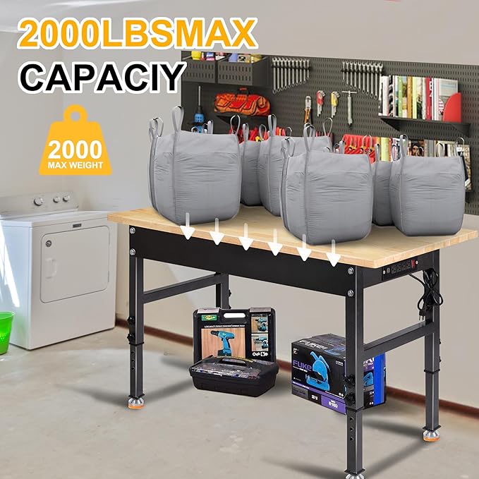 48" Adjustable Work Bench, Rubber Wood Top Workbench Heavy-Duty Work Table with Power Outlet, 2000 LBS Load Capacity Hardwood Work Benches for Garage, Workshop, Home, Office, Easy Assembly-VerdiqueGarden