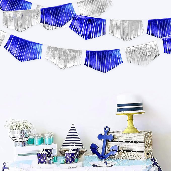 Royal Blue Silver Tassel Banner Metallic Fabric Pennant Bunting Flag for Graduation Birthday Retirement Bachelorette Engagement Wedding Bridal Shower Navy Nautical Ahoy Achor Party Decoration Supplies-VerdiqueGarden