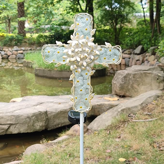 38Inch Solar Cross Garden Lights Outdoor Decorative - Solar Metal&Glass Cross White Hydrangea Flower Stake Lights- Waterproof 20 Warm White LED for Remembrance Gifts & Sympathy Gifts.-VerdiqueGarden