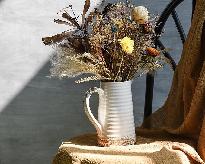 Quoowiit Ceramic Rustic Vase with Handle, White Distressed Decorative Farmhouse Pitcher Vase for Home Decor Living Room Bedroom Kitchen Office Shelf Decor Centerpiece Table Decoration-VerdiqueGarden