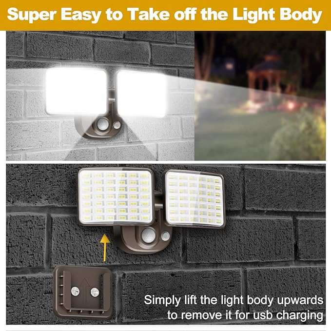 Rechargeable Battery-Powered Motion Light (1-3 Months Endurance), 2500LM Standard & 4000LM High-Brightness Dual Modes, USB Charging Outdoor LED Flood Light for Garage,Yard,Patio,Garden (Brown) 2 Packs-VerdiqueGarden