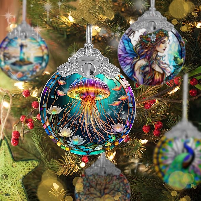 Stained Glass Suncatcher, Jocidea Jellyfish Ornament, Christmas Ornaments, Holidays Ornaments, Christmas Tree Decor, Jellyfish Decor for Home, Jellyfish Gifts-VerdiqueGarden