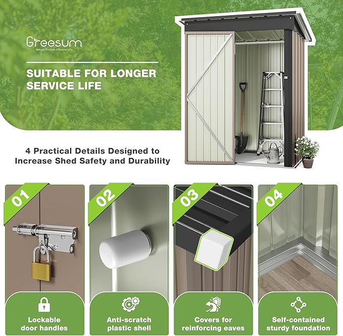 Greesum Outdoor Storage Shed 5 x 3 ft. Utility Tool Shed Metal Storage Garden Shed with Door & Lock for Patio Storage, Brown-VerdiqueGarden